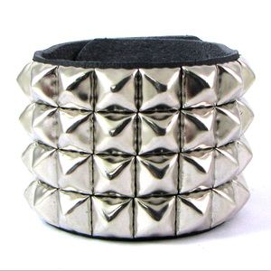 Blk Vegan 4 Row Pyramid Stud Solid Cuff Bracelet